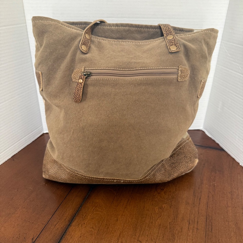 Myra Bag Canvas Leather Patchwork Tote Shoulder Bag Brown Tan Botanical Print - Picture 3 of 12